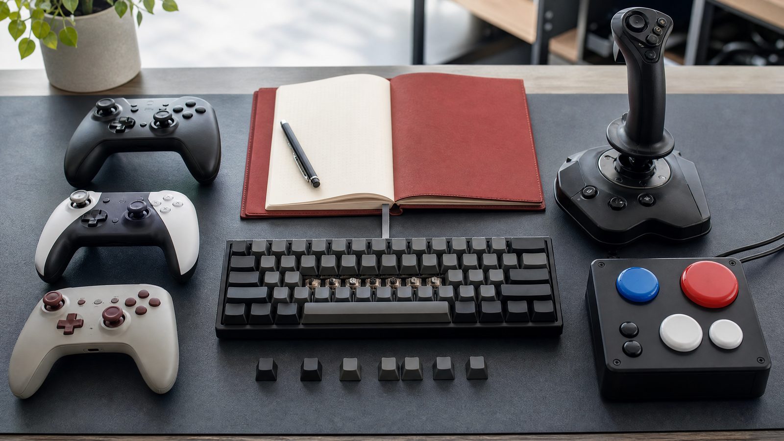 A desk laid out for input testing with three controllers, a keyboard with keycaps removed, a flight stick and an adaptive switch box
