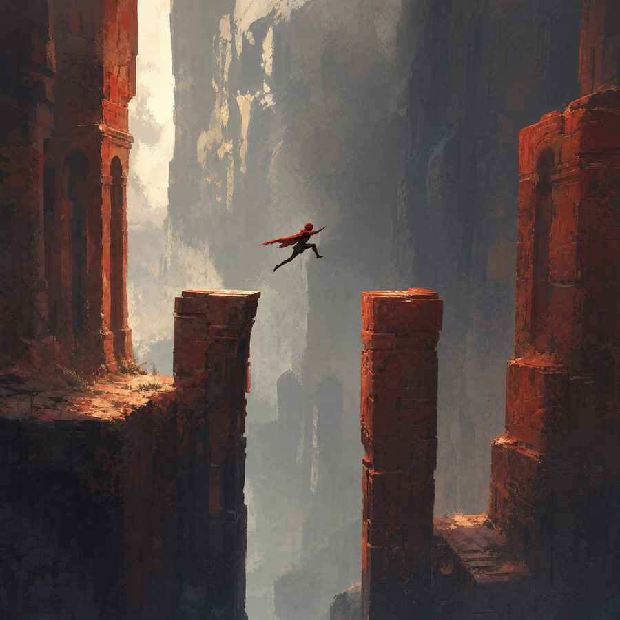 A cloaked figure leaping between two red stone pillars above a grey chasm