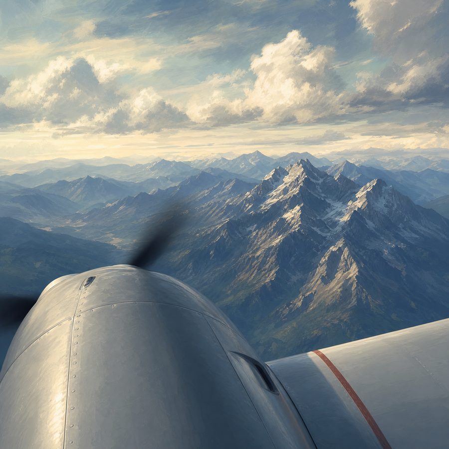View over the grey engine cowling of a propeller aircraft towards distant blue mountains