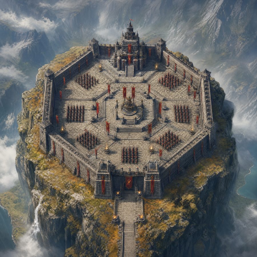 Overhead view of a grey fortress on a hexagonal plateau with red banners