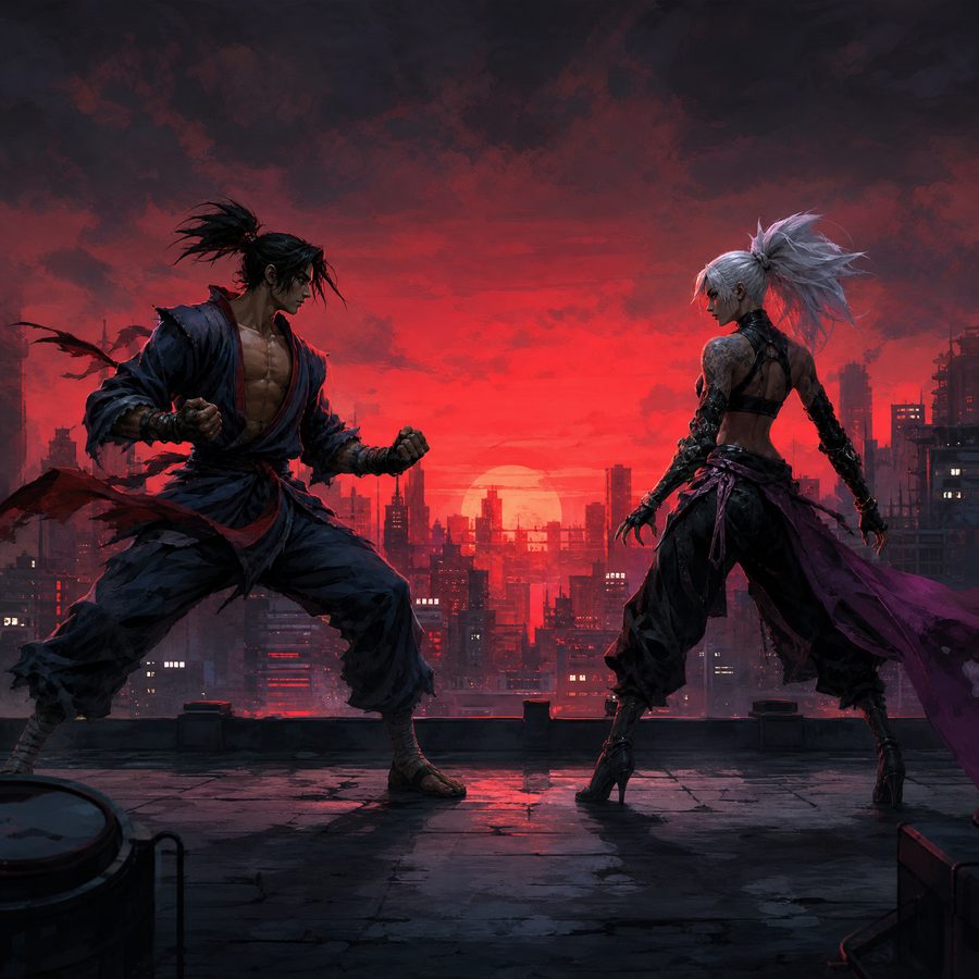 Two stylised fighters squared off on a concrete rooftop under a deep red sky