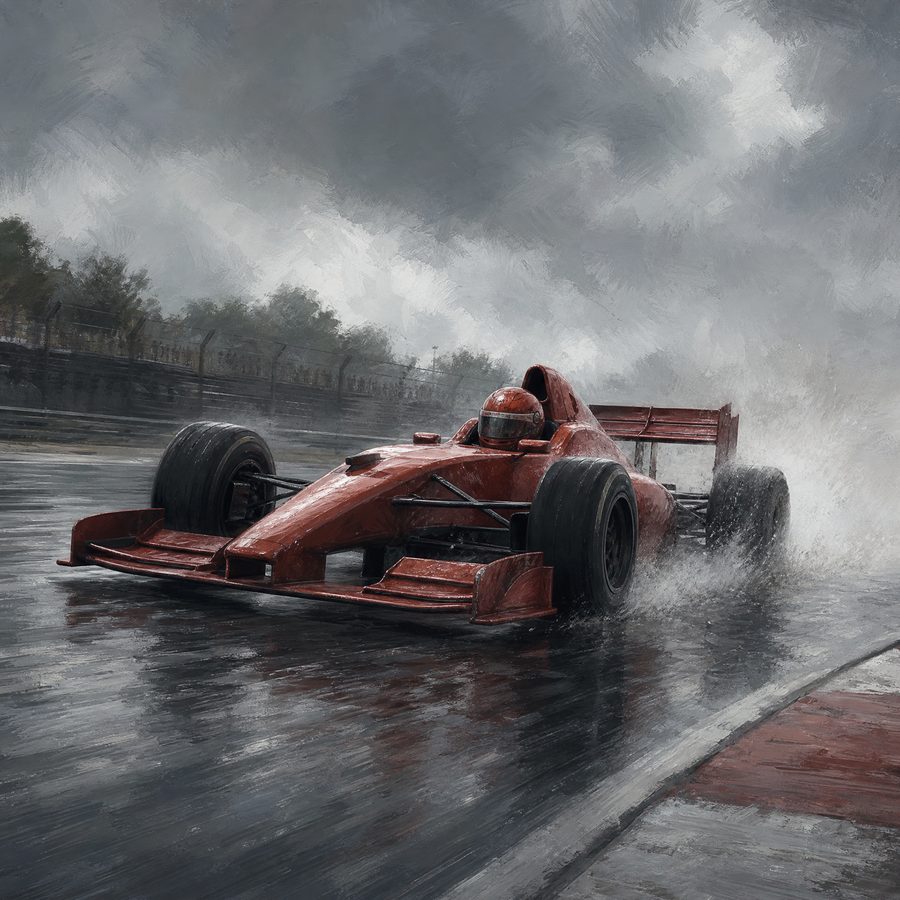 A single-seat racing car throwing spray on a wet grey circuit